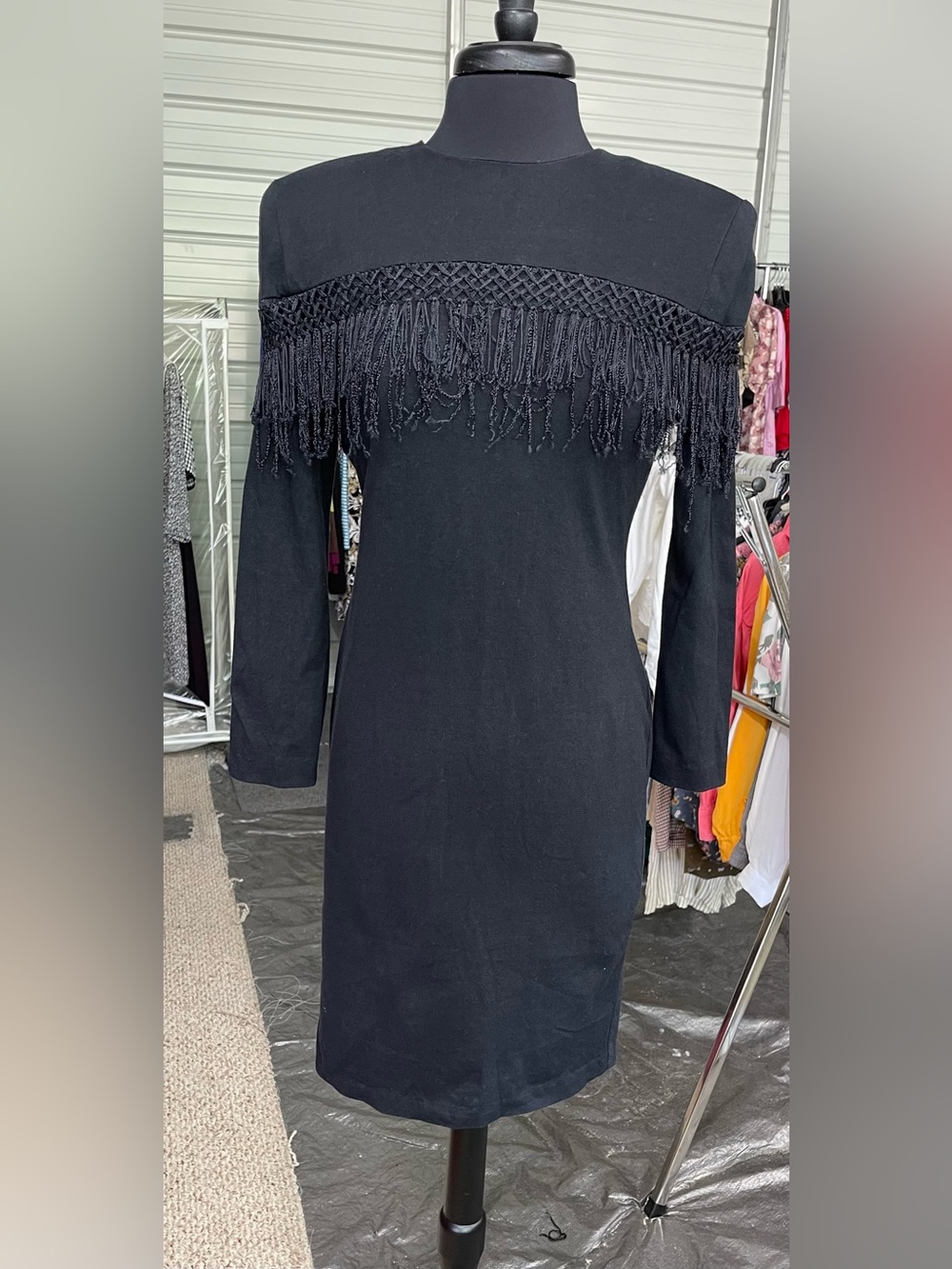 Vintage Black Long Sleeve Fringe Yoke Dress